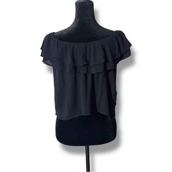 One Clothing Off The Shoulder Ruffled Neck and Sleeves Black Lightweight Top - Picture 6 of 16